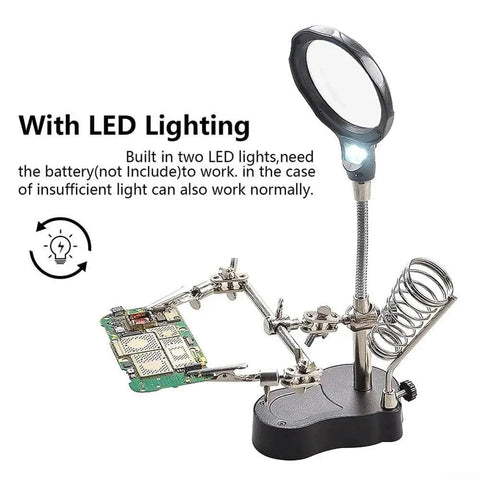 Desktop LED Magnifying Glass Soldering Station with PCB holder and LED lighting, showing 3.5X and 12X magnification lenses.