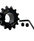 ANSI 35 Roller Chain Sprocket Type B 3/4 Bore 13 Teeth For ANSI 35 Chain Hardened 1045 Carbon Steel Drive Sprocket With 3/16 X 3/32 Keyway And Two Setscrews At 90 Degrees Type B High Frequency Quenched To HRC 38 To 42, black sprocket with setscrews and key
