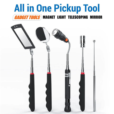 Telescoping Magnetic Pick Up Tool With 1 lb And 15 lb Pickup Rod, Round And Square 360 Swivel Adjustable Inspection Mirror, Flexible LED Flashlight
