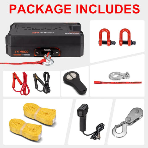 Portable 4500lb 12V DC Electric Winch With Synthetic Rope And Hawse Fairlead, Steel Mounting Plate, Infrared Remote Control, Toolbox Included For ATV UTV Applications, Ready To Pull You Outta Any Jam showing package contents