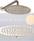 UMJIGF Shower System Brushed Gold Bathroom Shower Faucet Set with Tub Spout, 8 inch round shower head detail, brushed gold finish.