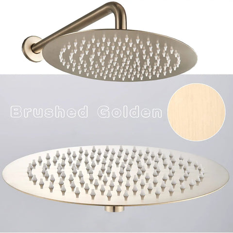 UMJIGF Shower System Brushed Gold Bathroom Shower Faucet Set with Tub Spout, 8 inch round shower head detail, brushed gold finish.