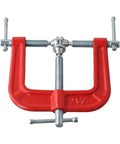 Hardcore Heavy Duty Three Way G Clamp With No Sweat Quick Release Iron Design For Woodworking And Carpenters Delivering Rock Solid Grip For Photography And Auto Repair, red, front view, showing adjustable screws.