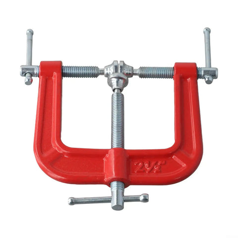 Hardcore Heavy Duty Three Way G Clamp With No Sweat Quick Release Iron Design For Woodworking And Carpenters Delivering Rock Solid Grip For Photography And Auto Repair, red, front view, showing adjustable screws.