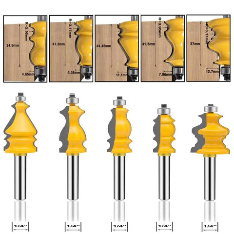 One Quarter Inch Shank Router Bit Set Five Piece Architectural Molding Kit With Corner Rounding Edge Forming Roundover Beading Bits