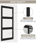 60 By 80 Inch Bypass Sliding Closet Door With Frosted Glass Three Lite Panels, Pre Drilled Solid Wood Slab, Vinyl Wrapped MDF Surface, Waterproof PVC Finish, Includes Hardware Kit And Matching Fascia, Easy Install, Black frame, and frosted glass details highlighted.