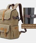 Beefy Retro Batik Canvas Backpack For DSLR Gear, Laptop Port, showing side tripod webbing feature, large capacity design