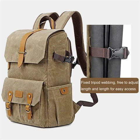 Beefy Retro Batik Canvas Backpack For DSLR Gear, Laptop Port, showing side tripod webbing feature, large capacity design