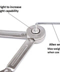 Close-up of Lid Support Hinge Satin Nickel Folding Stay With Soft Close For Toy Box Drawer Window Wardrobe Or Cabinet Doors Adjustable To 35 Lb Includes Allen Key Normal Style 1 Pair showing adjustment mechanism.