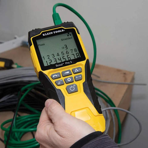 Person holding Versatile On The Go Cable Tester Kit With Scout Pro 3 For Ethernet Data Coax Video And Phone Cables Plus Five Locator Remotes Starter Edition in hand.