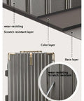 Diagram of scratch-resistant layers on ultralight aluminum frame carry on luggage with smooth spinner wheels red 22 inch suitcase.