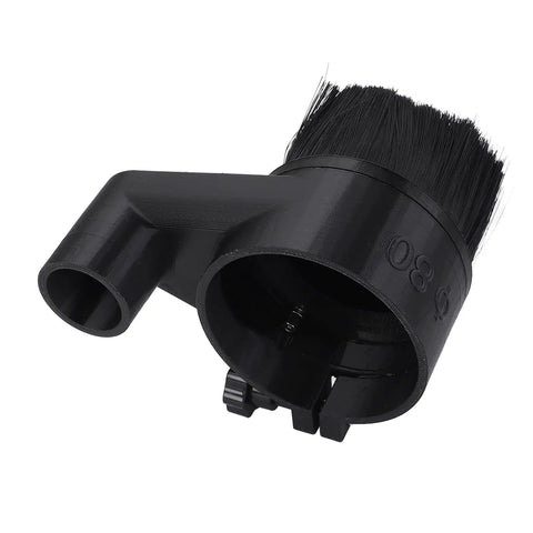 Dust Shoe Cover For CNC Router 80mm Spindle With Magnetic Suction, black plastic, angled view, detachable brush visible