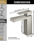 Dimensions of Brushed Nickel Single Hole Bathroom Faucet With Pop Up Drain, Single Handle Vanity Sink Faucet, Deck Plate Included