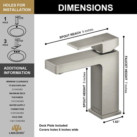 Dimensions of Brushed Nickel Single Hole Bathroom Faucet With Pop Up Drain, Single Handle Vanity Sink Faucet, Deck Plate Included