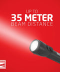 8 Pack LED Flashlights With Batteries Included shining beam 35 meters on red background, showcasing its long-distance capability.