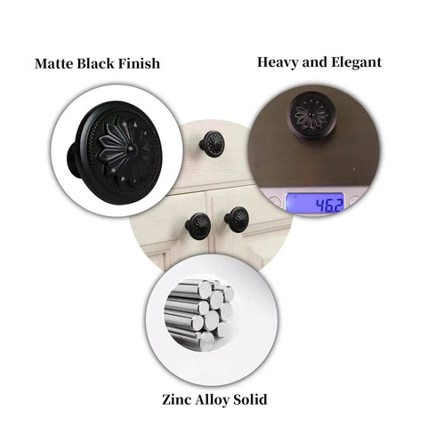 Matte Black Dope Round Cabinet Knobs Set of Fifteen for Cabinets and Drawers, 36mm Diameter Flower Shape Zinc Alloy Hardware collage