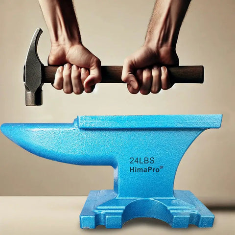 Hands holding hammer above Blue Single Horn Cast Iron Anvil For Blacksmithing And Metal Shaping Beefy Pro Grade Heavy Duty Tool 24 Lbs