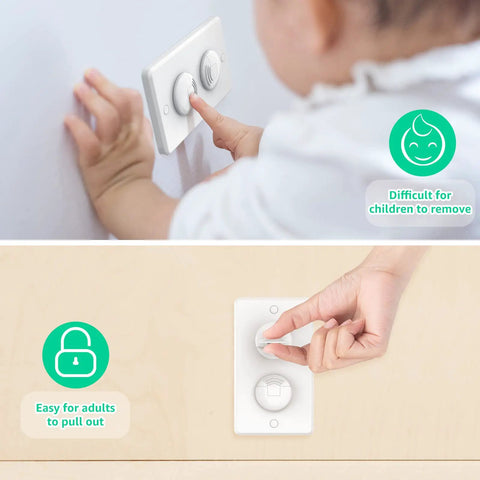 Child touching 32 Pack Hidden Handle Outlet Covers For 3-Prong Outlets Easy For Adults To Remove And Kid-Proof Baby Proofing Caps