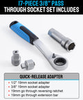 Go Through Socket Set With Three Eighths And One Half Inch Drive, Seventeen Piece Metric Ratchet Kit With Low Profile For Long Bolts