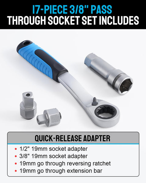 Go Through Socket Set With Three Eighths And One Half Inch Drive, Seventeen Piece Metric Ratchet Kit With Low Profile For Long Bolts