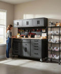 Person using 72 Inch Rolling Tool Chest on Wheels with 11 Drawers, 3 Top Cabinets, 2 Door Cabinet, Pegboard and Power Strip