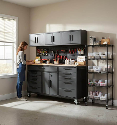 Person using 72 Inch Rolling Tool Chest on Wheels with 11 Drawers, 3 Top Cabinets, 2 Door Cabinet, Pegboard and Power Strip