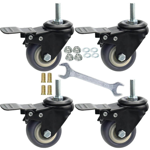 2 Inch Swivel Caster Wheels 4 Pack M8 1.25 Threaded Stem 8mm Durable Rubber With Double Lock For Carpet And Hardwood with wrench