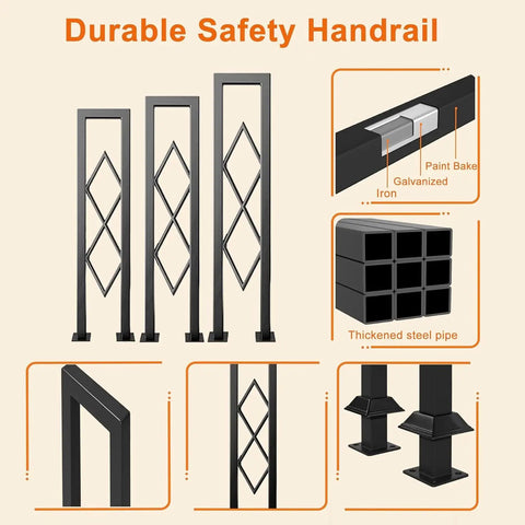 Image showing Level Up Your Staircase Setup With This Solid Black Wrought Iron U Shaped Handrail with diamond patterns.