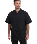 Moisture Wicking Mesh Chef Jacket For Men, Cool Flow Short Sleeve Culinary Coat With Handy Sleeve Pocket, Pro Level Double Breasted Kitchen Wear, Daily Grind Restaurant Uniform And Top Shelf Cooking Apparel worn by a model standing.