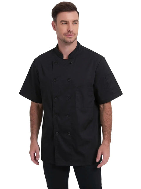 Moisture Wicking Mesh Chef Jacket For Men, Cool Flow Short Sleeve Culinary Coat With Handy Sleeve Pocket, Pro Level Double Breasted Kitchen Wear, Daily Grind Restaurant Uniform And Top Shelf Cooking Apparel worn by a model standing.