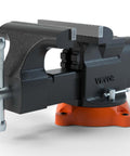 Front view of VEVOR 6-inch bench vise with anvil, ductile iron body mounted on orange base with 360° swivel.