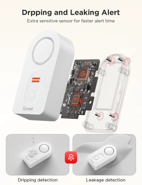 WiFi Water Leak Detector with internal components visible, showing dripping and leakage detection for real-time alerts.