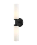Two Light Slick Black ADA Vanity Light With Satin Opal Glass Cylinders From Aero Collection, vertical view