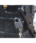 Close-up of a lockable compartment on the FatMax 4 In 1 Mobile Work Station With Tiered Cantilever Storage System Rolling Tool Cart