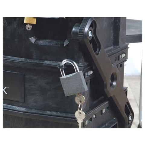 Close-up of a lockable compartment on the FatMax 4 In 1 Mobile Work Station With Tiered Cantilever Storage System Rolling Tool Cart