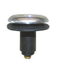 No Sweat Quick Install Chrome Bathtub Drain Stopper Featuring A Gasket Tight Rubber Seal And Slick Push Lock Setup For Totally Hassle Free Plumbing Jobs, chrome top and rubber base design.