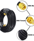 Beefy 49ft RG58 Pure Copper SMA Male to SMA Female Antenna Extension Cable coiled with close-ups of connectors
