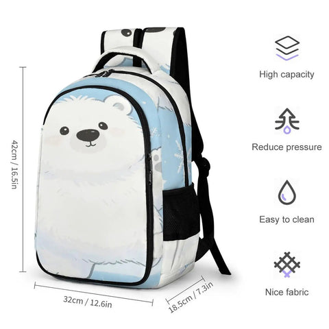 Snowflake Cub Printed Unisex Backpack With Large Capacity For School Work Or Travel shown with dimensions and features