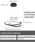 Diagram of Modern LED Chandelier With Dimmable 36W Light And Remote, showing two-ring design and adjustable height details.