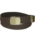 Cotton Adjustable Belt With Brass Buckle In Brown, Cut To Fit Up To 44 Inches, 1.25 Inch Wide, Removable Clamp On Military Buckle.