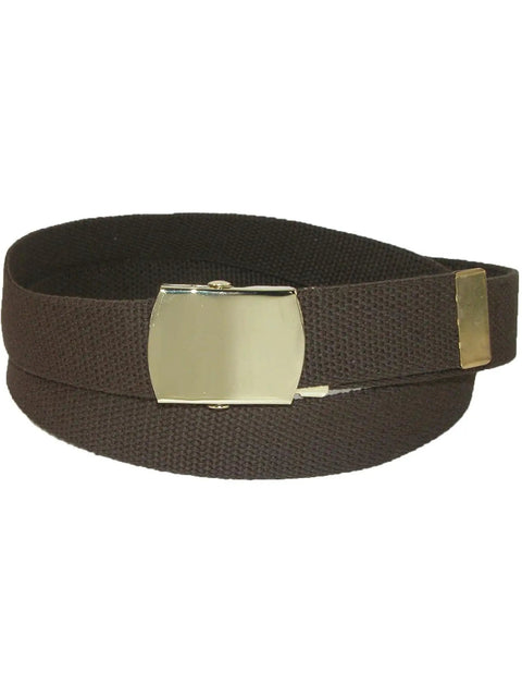 Cotton Adjustable Belt With Brass Buckle In Brown, Cut To Fit Up To 44 Inches, 1.25 Inch Wide, Removable Clamp On Military Buckle.