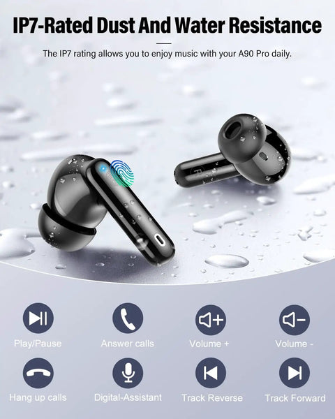 Dope Wireless Earbuds With Bluetooth 5.4, Deep Bass Stereo Sound, shown with IPX7 waterproof design on wet surface.