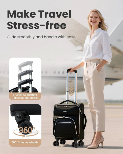 Front view of Sydioor 16-inch softside underseat carry-on luggage, black wheeled with telescoping handle
