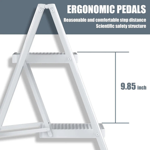 Close-up of 2 Step Folding Step Stool With Wide Anti Slip Pedals Heavy Duty Steel Ladder For Kitchen And Home, step height 9.85 inch.