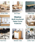 Collage of varied tables with Wadrac table cover protector for dining table, end table, office desk, and more.