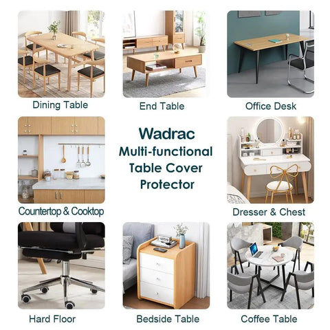 Collage of varied tables with Wadrac table cover protector for dining table, end table, office desk, and more.