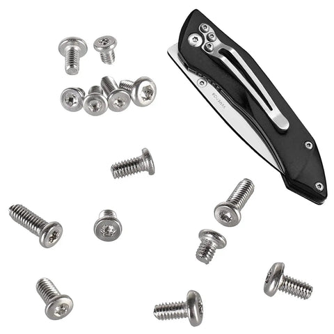 Hella Tough 304 Stainless Steel Pocket Knife Handle Screws And Shaft Pivot Pin Rivets 100 Piece EDC Folding Hardware Kit with assorted screws.