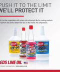 Various Red Line performance automotive lubricants including MT-90 synthetic gear oil, system cleaner, and coolant displayed in bottles