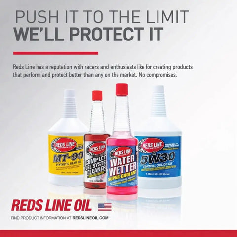 Various Red Line performance automotive lubricants including MT-90 synthetic gear oil, system cleaner, and coolant displayed in bottles
