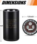 189-227 uF 330V AC Round Start Capacitor dimensions and top view with terminals, Go-To Universal Replacement For Electric Motor Applications.